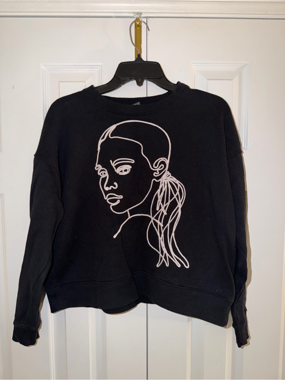 Zara Black Crewneck Sweatshirt with White Line Art Portrait